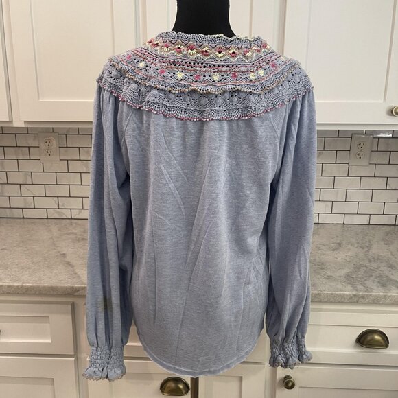 Free People Top Womens Blue Crochet Embroidered Henley Boho Tunic Shirt - Picture 5 of 11